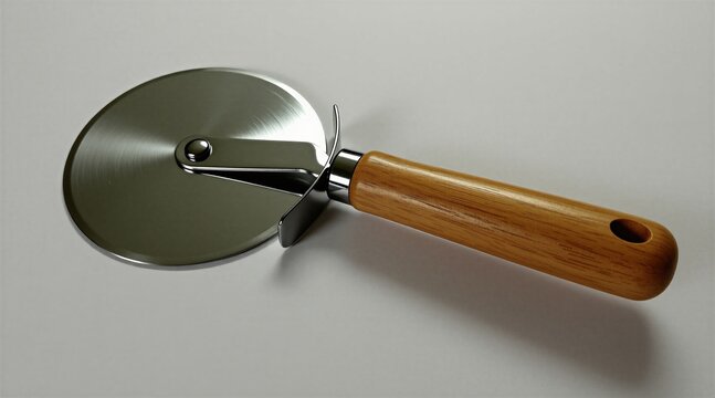 Stainless steel pizza cutter with polished wheel and light wood handle. Tool rests on white surface with soft shadow. Useful kitchen utensil for slicing pies and dough.