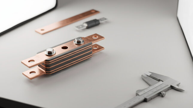 Laminated copper busbar electrical connector with measuring caliper in studio setup