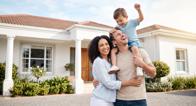 Happy mixed race family standing outside beautiful new suburban house with father giving son piggyback ride