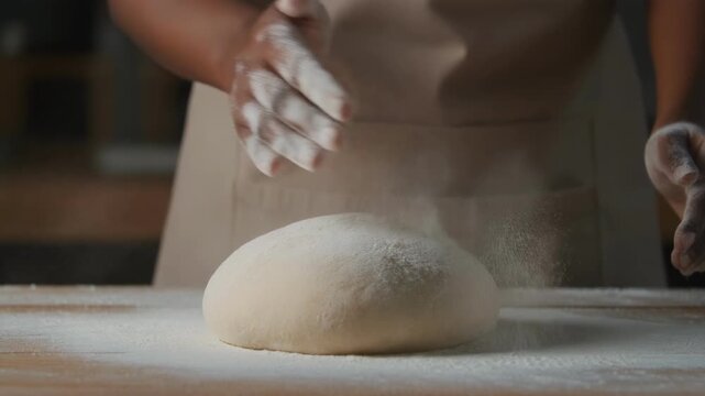 Baker dusting raw dough with flour in warm rustic kitchen during preparation for baking artisanal bread