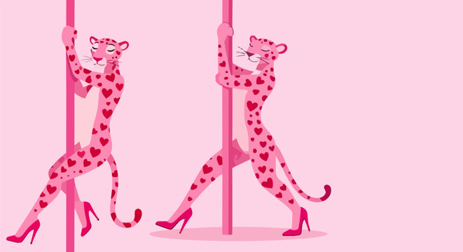 Pink leopard pole dancer vector illustration, whimsical cheetah character with heart spots in high heels, exotic dance and fitness concept art