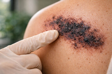 Fototapeta premium Gloved medical examination of a suspicious skin lesion on the shoulder during dermatology consultation