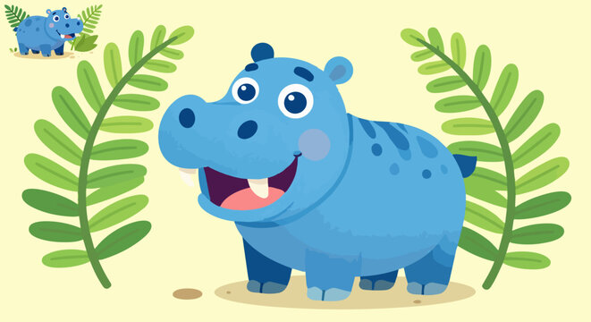 Cute blue hippo cartoon character, happy hippopotamus illustration with tropical green leaves, friendly safari animal vector for kids education