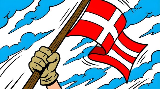 Hand holding Denmark flag in comic style.