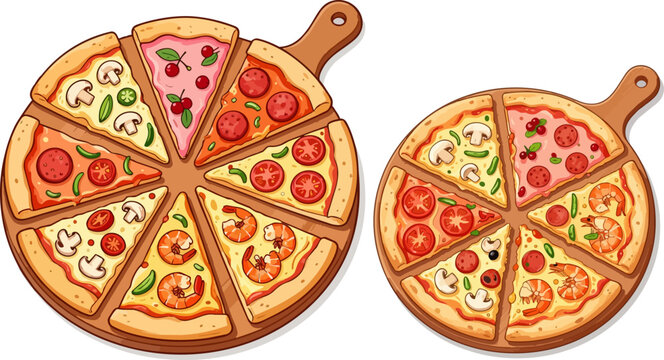 Cartoon pizza slices on wooden boards, assorted gourmet pizza toppings vector set, pepperoni mushroom and seafood pizza collection on white background