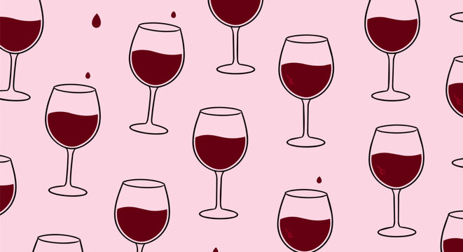 Red wine glass seamless pattern, hand drawn wine glasses on pink background, elegant alcohol drink vector illustration for winery branding