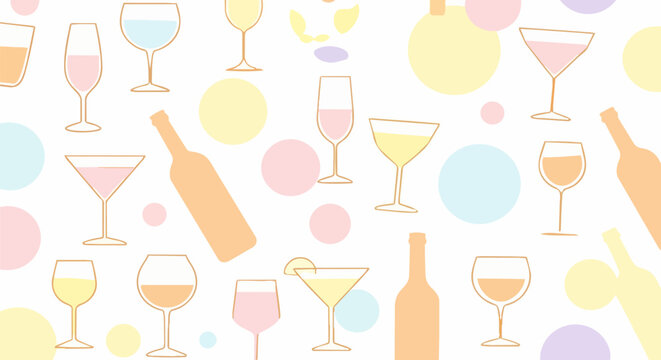 Pastel cocktail pattern background, hand drawn wine glass and bottle vector illustration, soft aesthetic party drink wallpaper for celebration