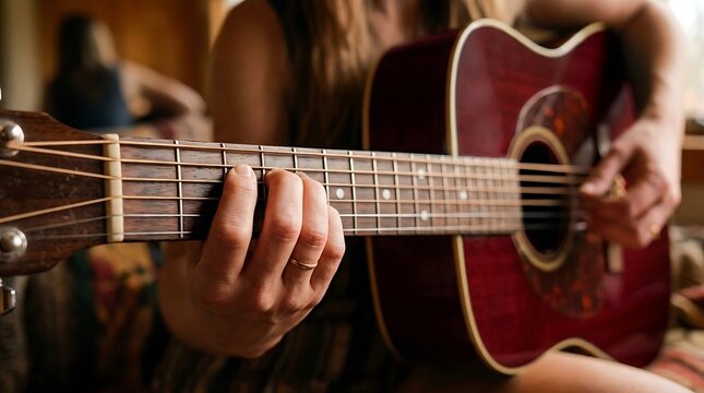 Close-up of a woman playing an acoustic guitar indoors.