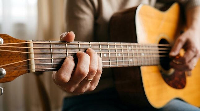Hands playing acoustic guitar. Musician practicing chords on a wooden string instrument.