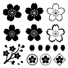 Fototapeta premium Sakura Cherry Blossom Black Silhouette Flower Set