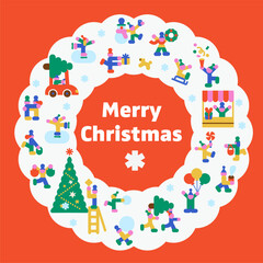 Fototapeta premium Merry Christmas wreath flat composition with winter people, carousel, market stall, decorated tree, snowman, gifts and festive delivery truck on green background.