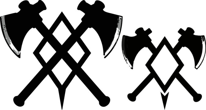 Viking crossed axes silhouette vector, medieval battle axe emblem with diamond crest, nordic warrior weapon icons for gaming and apparel design