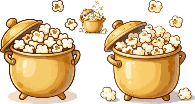 Vintage popcorn cauldrons vector set, golden brass pots overflowing with fluffy popcorn, retro snack illustration for cinema and movie night themes