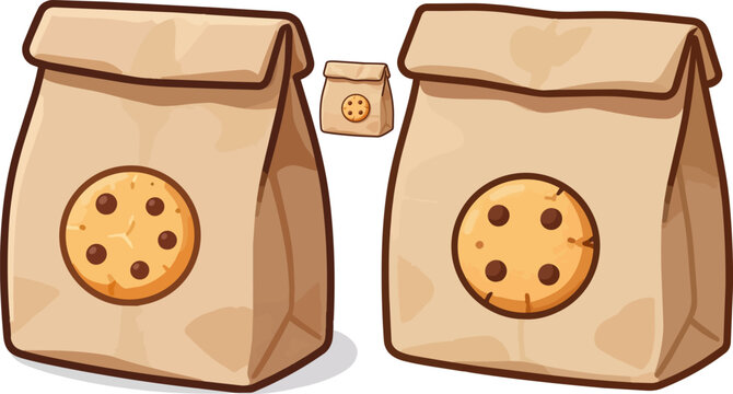 Brown paper cookie bags with chocolate chip logo, takeaway snack packaging vector set, eco-friendly bakery delivery pouches for sweet treats