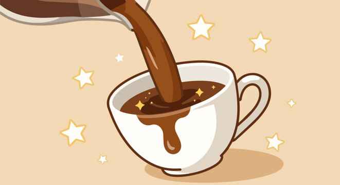 Cartoon coffee pouring into a white ceramic cup, hot chocolate or espresso with magical stars, flat vector illustration for cafe branding