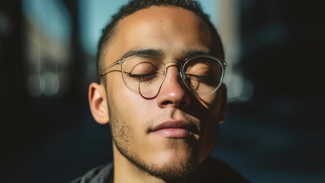 Portrait of a serene young man wearing glasses, basking in sunlight with eyes closed on a city street. The tranquil mood and soft lighting evoke themes of self care and inner peace