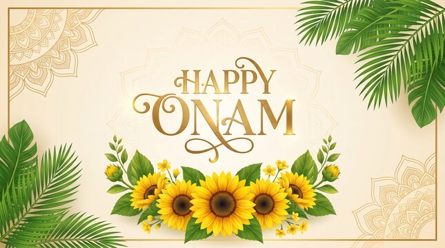 Festive Happy Onam Animated Greeting with Golden Text, Sunflowers, and Mandala Design