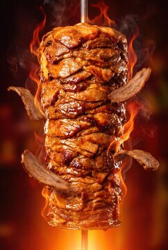 Flaming doner kebab on vertical spit