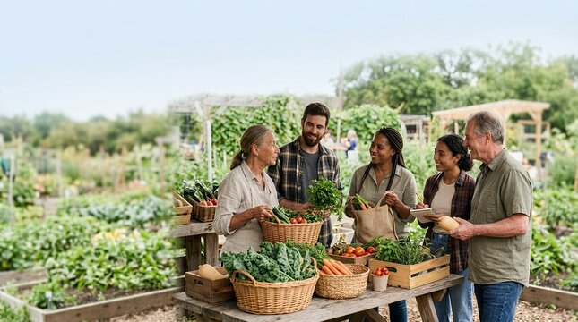 Diverse group of happy people gathering fresh organic vegetables at a community garden.