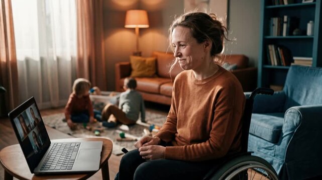 Woman in Wheelchair Greeting Team on Video Call, Kids Playing Behind Her
