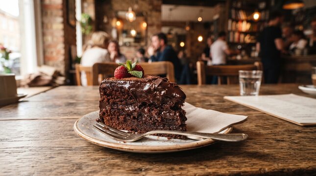 Rich and moist chocolate cake topped with glossy chocolate ganache, fresh raspberry, and mint leaves, served on a ceramic plate in a cozy coffee shop. Warm lighting and blurred caf&eacute; background create 