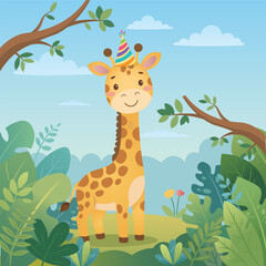 Obraz premium Jungle Safari Animal Birthday Party Vector Illustration style with Cute Giraffe with birthday hat and balloons