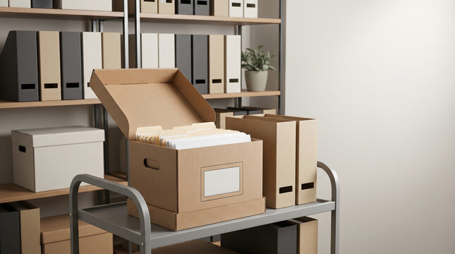 Open cardboard document storage box with folders on metal cart in office archive
