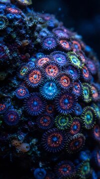 Vibrant bioluminescent zoanthid coral polyps macro underwater marine life detail