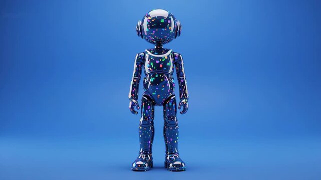 Futuristic robot figure standing in a blue studio with subtle lighting and a clean background