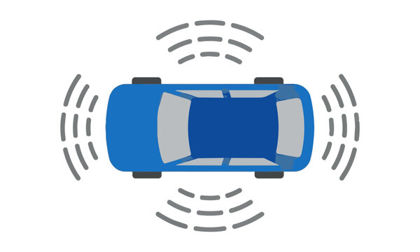 Minimalist icon of a compact suv from a bird's eye view with proximity sensor lines isolated on a white background, modern transportation concept