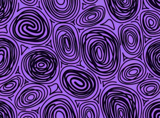 Obraz premium Abstract purple and black doodle pattern with swirling lines and shapes. Dynamic organic design resembles fingerprints or sound waves, perfect for bold backdrops and prints.