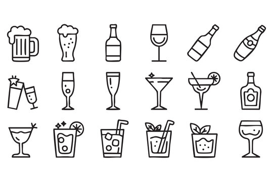 Cocktail and Beverage Vector Icons Featuring Beer, Wine, and Champagne Glasses