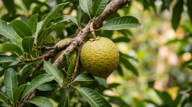 Ripe lucuma fruit hanging on tree branch. Golden Andean superfood ready for harvest in natural orchard.