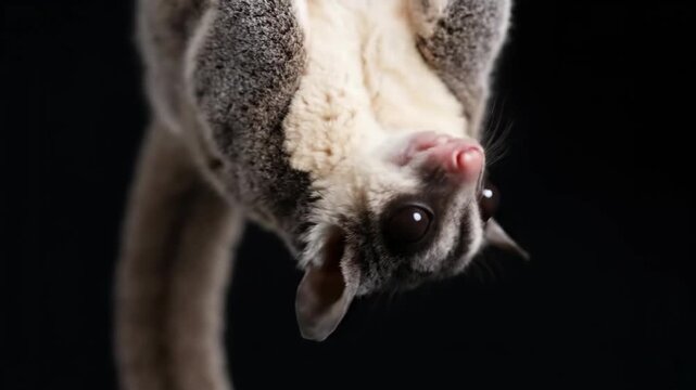 Close-up of a Sugar Glider Hanging Upside Down Against a Black Background.
