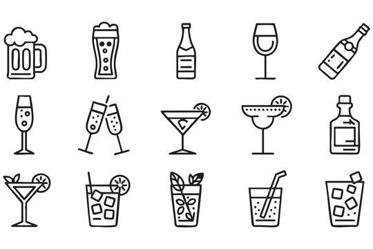 Alcohol Beverage Symbol Pack with Cocktails, Liquor Bottles, and Beer Mugs