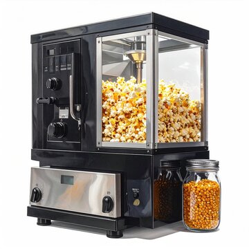 Shiny black machine with a glass-enclosed popping chamber, brimming with fresh popcorn