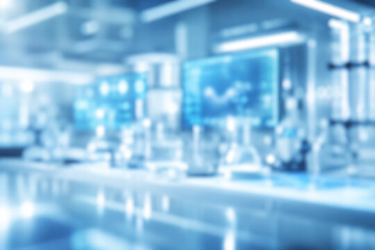 Abstract blurred background of laboratory glassware with large round bokeh, soft light reflections on glass, cool blue tones