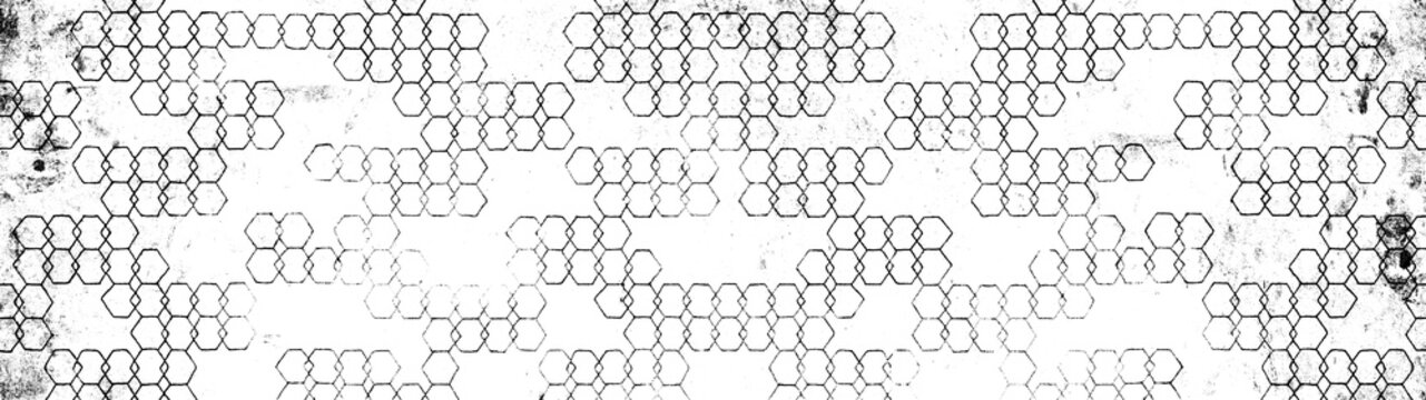 Vintage Hexagonal Overlay Pattern Banner Panorama long wide - Abstract Black Grunge Hexagon Pattern Background With Distressed Honeycomb Texture, Isolated On Transparent And White Background Png