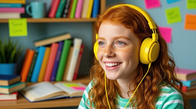 Young redhead girl with freckles wears yellow headphones, smiles. She sits in a bright room with books, enjoying online learning or music. Her expression is happy and engaged.