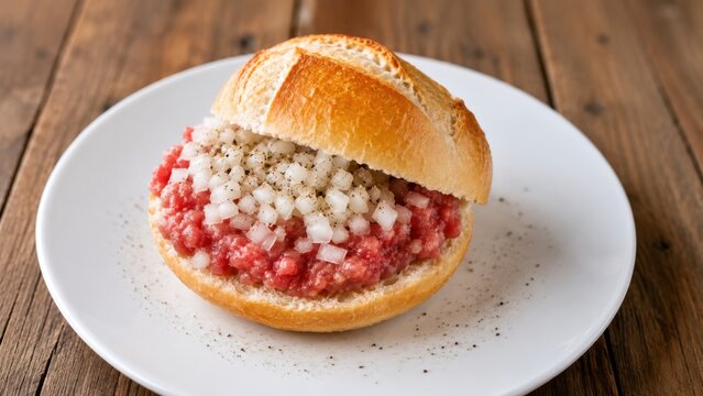 Deftiges deutsches Mettbr&ouml;tchen mit frischen Zwiebelw&uuml;rfeln und Pfeffer auf knusprigem Br&ouml;tchen, stilvoll auf wei&szlig;em Teller vor rustikalem Holz f&uuml;r Food- und Imbissthemen fotografiert.