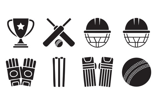 Cricket Sports Icon Set Featuring Bat, Helmet, Trophy, and Ball
