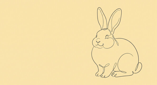 Minimalist line art chubby rabbit, cute plump bunny illustration, kids and cozy concept, solid pastel background with copy space