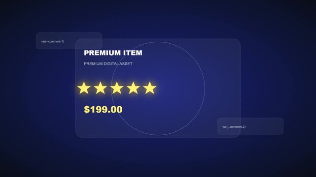 Animated E-commerce Product Card with Five Star Rating and Premium Item Price on Blue Background