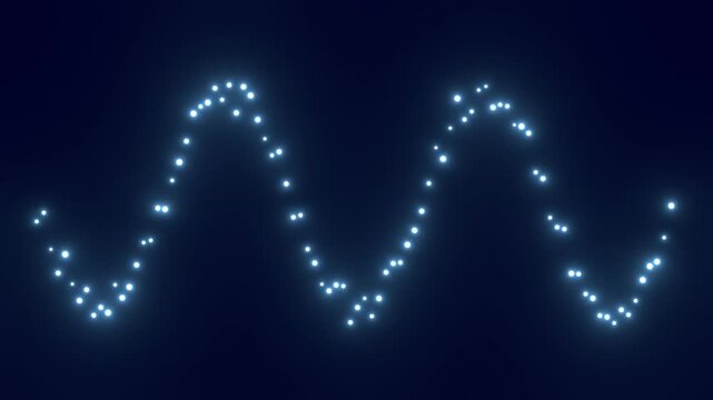 Glowing neon blue wave formed by tiny dots creating a futuristic digital sine wave pattern on dark background