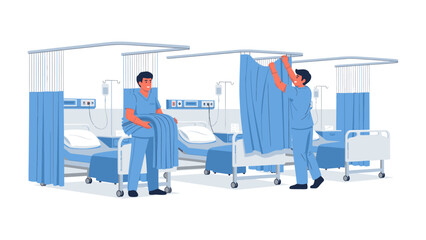 Fototapeta premium Hospital Room Preparation: Two healthcare professionals meticulously arrange curtains in a clean, modern hospital room, creating a serene and orderly environment for patient care.