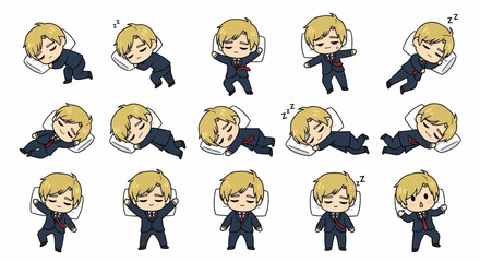 Obraz premium Chibi Anime Boy Characters Sleeping in Suits Set