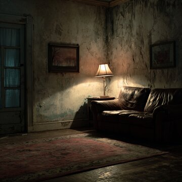 Spooky old room with peeling wallpaper and couch