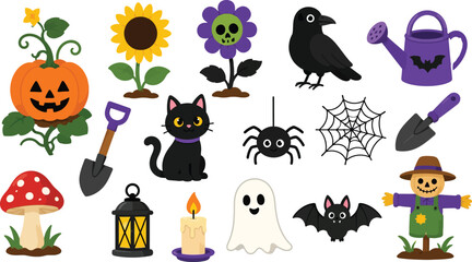 Obraz premium Festive halloween garden elements collection pumpkins ghosts spiders and seasonal decorations for autumn designs