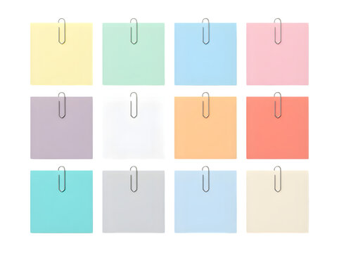 Collection of twelve pastel colored sticky notes each held by a silver paperclip arranged in a grid PNG Isolated on transparent background