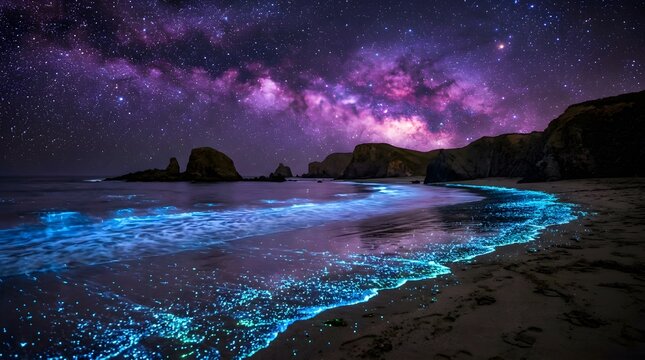 Bioluminescent waves on a beach at night. Glowing ocean tide under a starry galaxy sky.